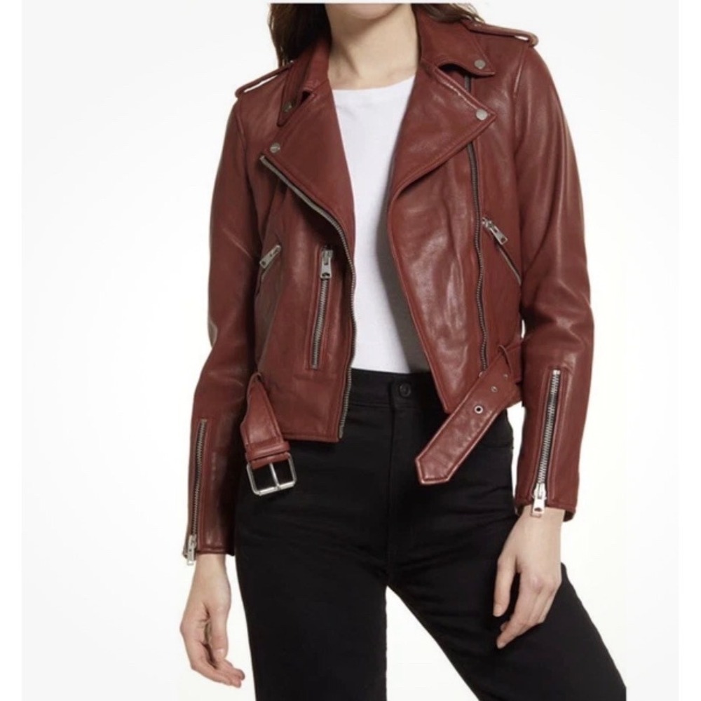 Allsaints Womens Balfern Biker Lamb Leather Jacket Size 2 Red  Zip Pockets AI